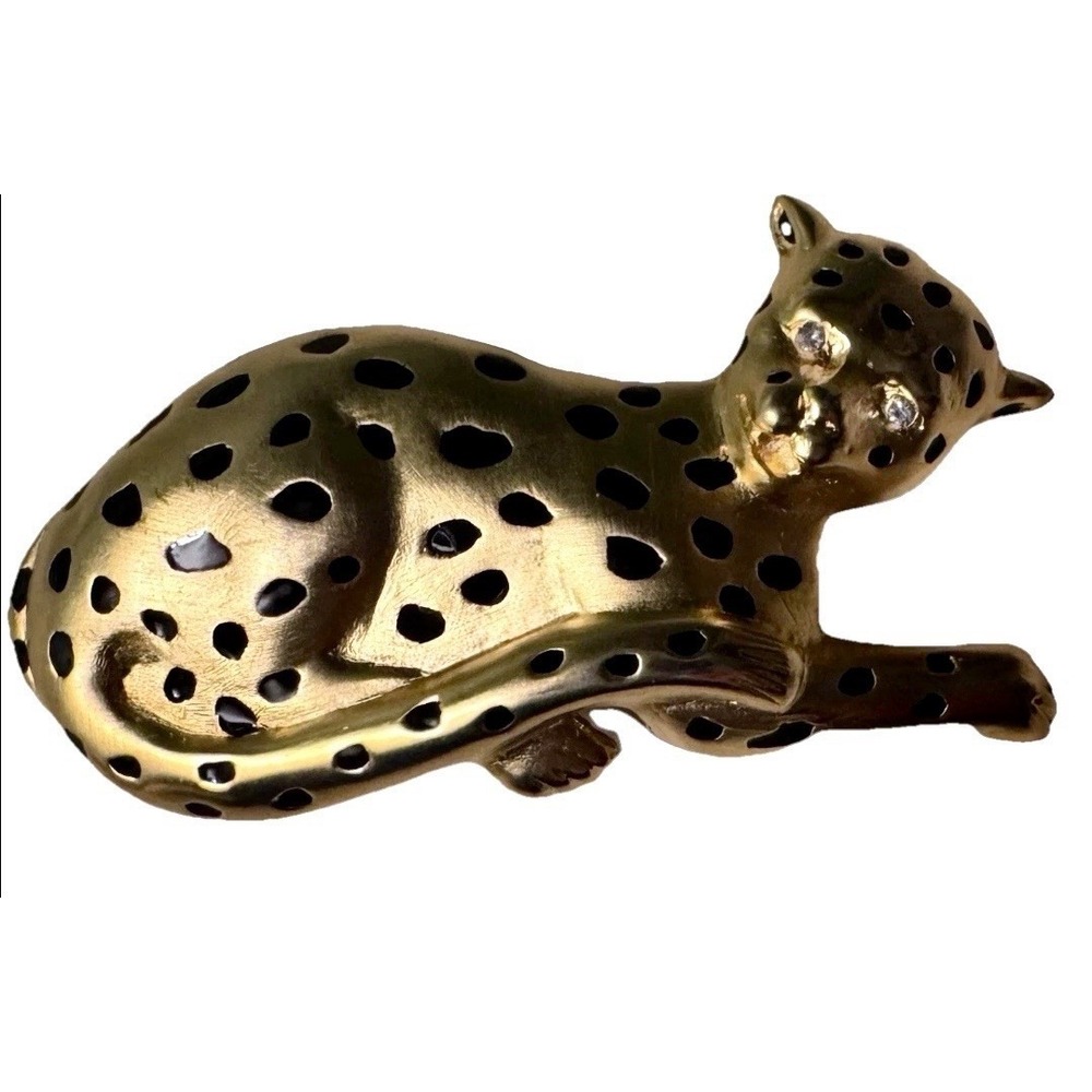 Doreen Ryan Cheetah Belt Buckle Gold Tone Rhinestone Eyes Vintage Large